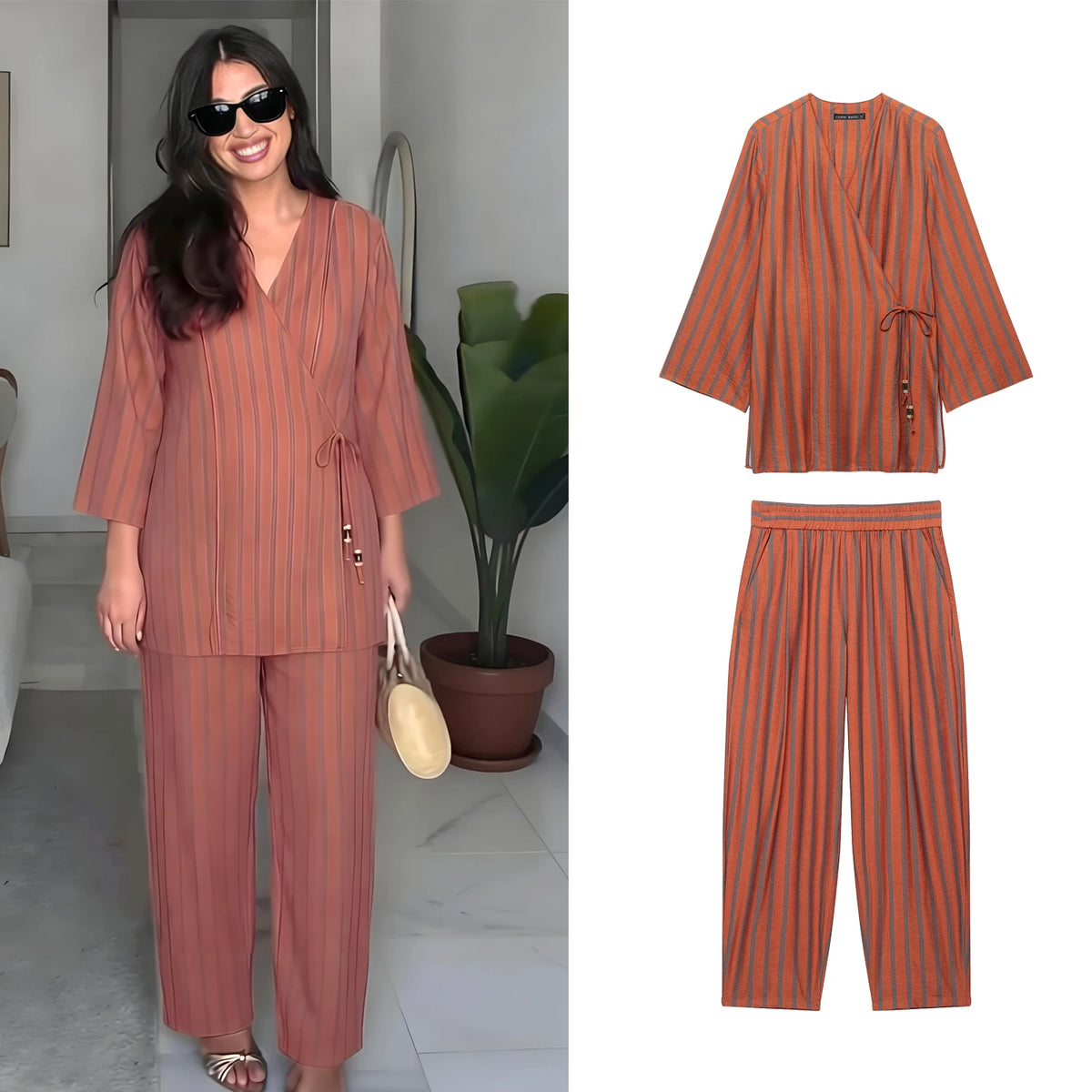 Ensemble Chic Femme : Chemise Kimono Col V & Pantalon Rayé