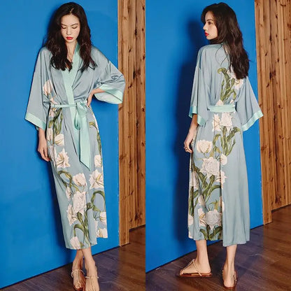 Robe Longue Kimono Imprimé Floral Bohème Chic
