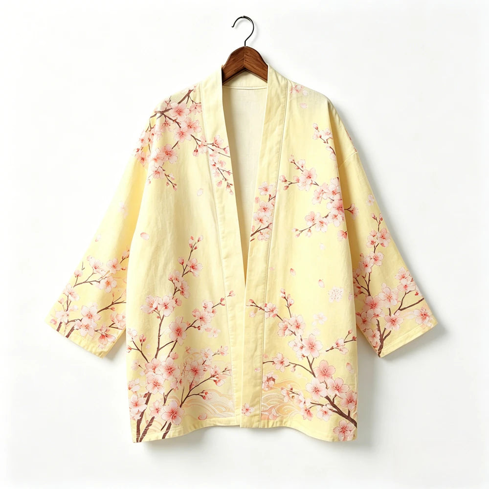Kimono japonais unisexe en coton, style vintage, imprimé floral Sakura et grue, pour l'été, la plage, ou comme veste décontractée ample bohème