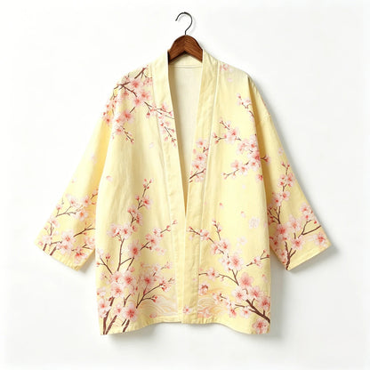 Kimono japonais unisexe en coton, style vintage, imprimé floral Sakura et grue, pour l'été, la plage, ou comme veste décontractée ample bohème
