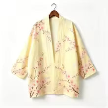 Kimono japonais unisexe en coton, style vintage, imprimé floral Sakura et grue, pour l'été, la plage, ou comme veste décontractée ample bohème