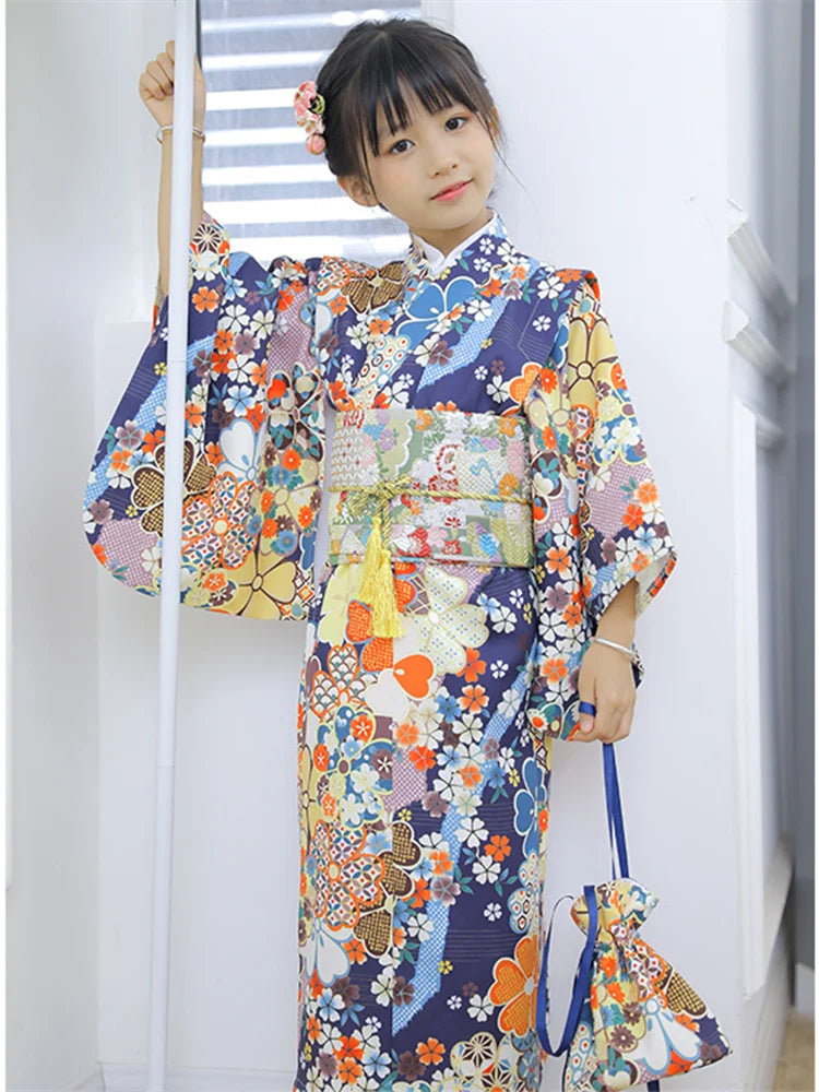 Robe d'été de style japonais pour filles, imprimés de fleurs de cerisier, Kimono traditionnel japonais pour enfants, robe de spectacle pour enfants