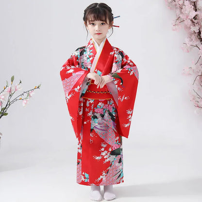 Kimono traditionnel japonais pour enfants, motif paon, pour filles et garçons, idéal pour les spectacles scolaires, thème Sakura, style asiatique
