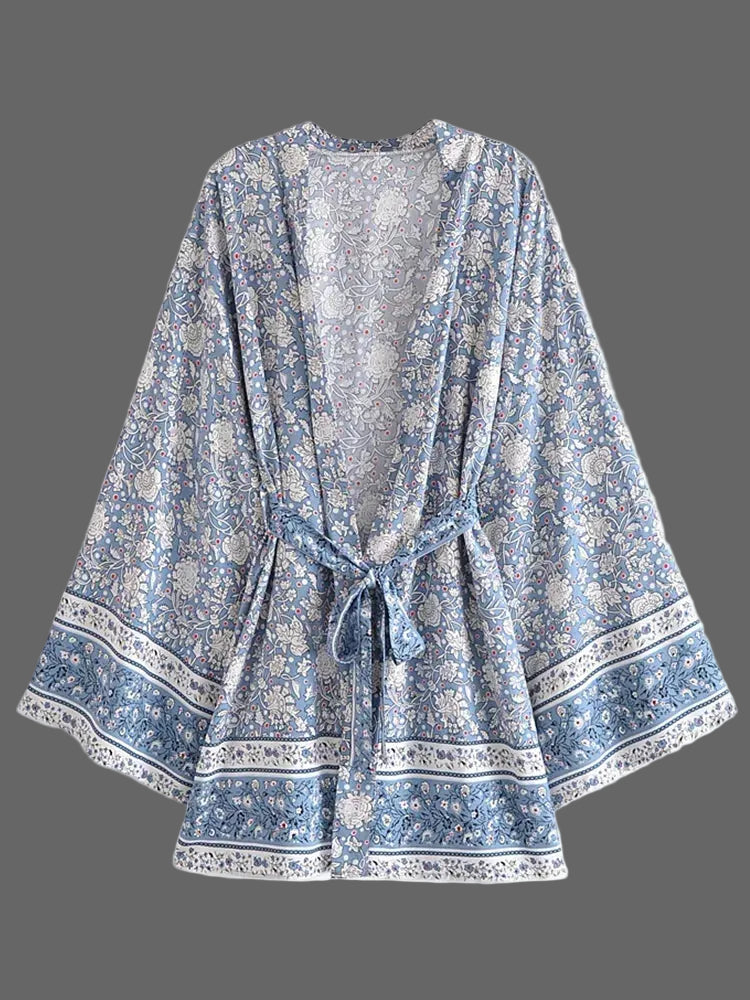 Vintage Chic femmes imprimé fleuri manches chauve-souris plage bohème courte Kimono Robe dames rayonne coton Bikini Robe Boho couvertures