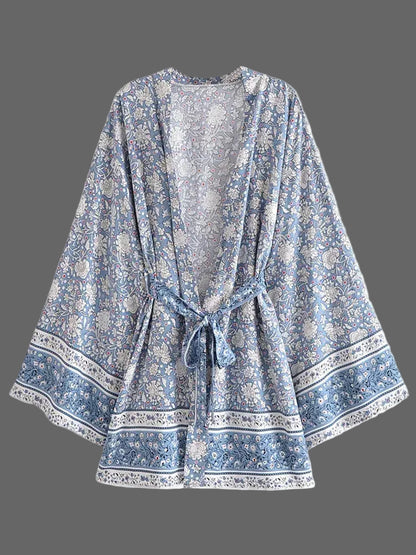 Vintage Chic femmes imprimé fleuri manches chauve-souris plage bohème courte Kimono Robe dames rayonne coton Bikini Robe Boho couvertures