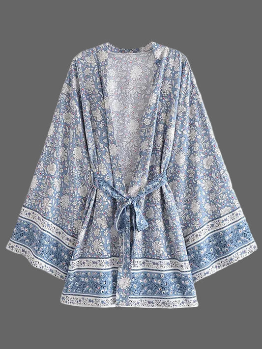 Vintage Chic femmes imprimé fleuri manches chauve-souris plage bohème courte Kimono Robe dames rayonne coton Bikini Robe Boho couvertures