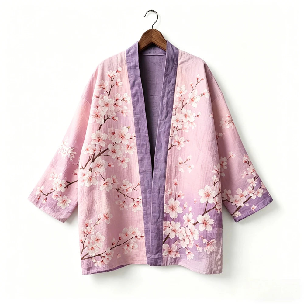 Kimono japonais unisexe en coton, style vintage, imprimé floral Sakura et grue, pour l'été, la plage, ou comme veste décontractée ample bohème