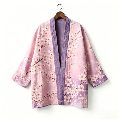Kimono japonais unisexe en coton, style vintage, imprimé floral Sakura et grue, pour l'été, la plage, ou comme veste décontractée ample bohème