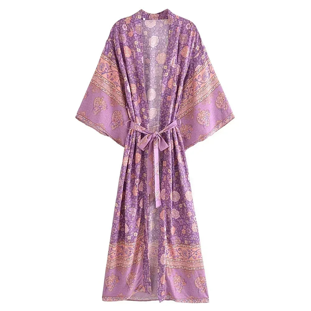 Happie Queens Kimono de plage bohème pour femme, imprimé floral rose, manches chauve-souris, en rayonne, robe longue bohème, cache-maillot de bain pour les vacances