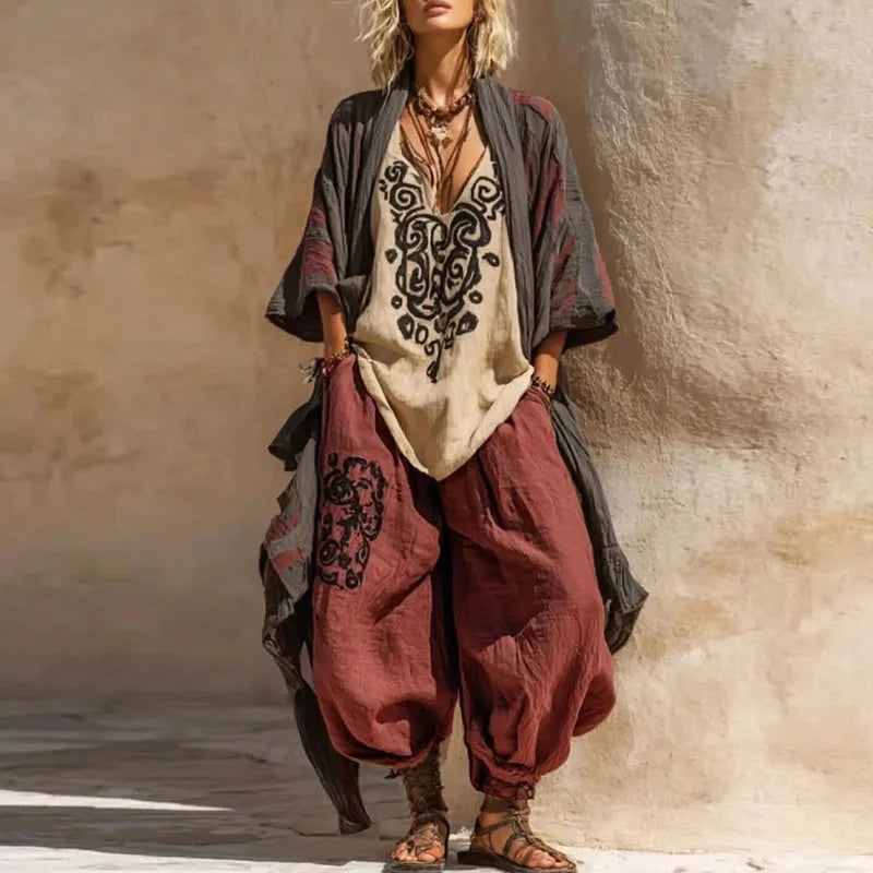 Ensemble Kimono Bohème 3 Pièces Imprimé Géométrique