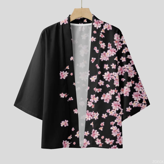 Cardigan Kimono Homme Fleurs de Cerisier Noir Rose