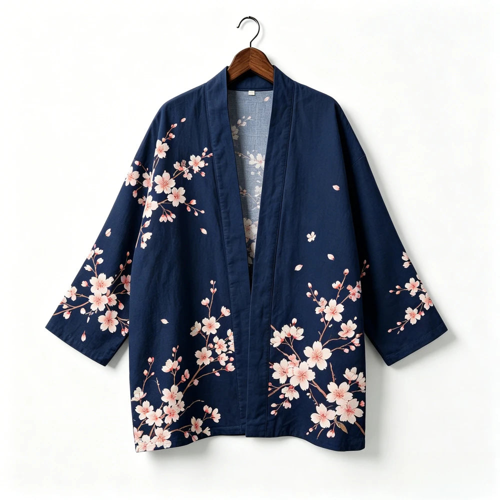 Kimono japonais unisexe en coton, style vintage, imprimé floral Sakura et grue, pour l'été, la plage, ou comme veste décontractée ample bohème