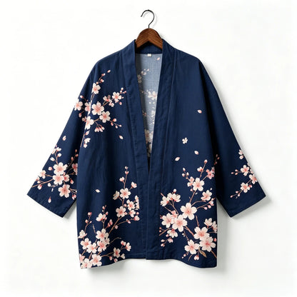 Kimono japonais unisexe en coton, style vintage, imprimé floral Sakura et grue, pour l'été, la plage, ou comme veste décontractée ample bohème