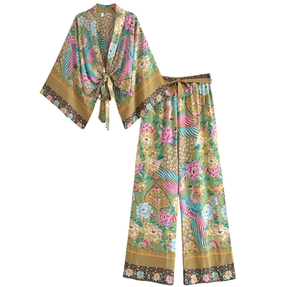 Boho Queens femmes paon imprimé fleuri tenues courte Kimono Robe bohème costumes pantalons à jambes larges 2 pièces rayonne Boho ensembles maillot de bain
