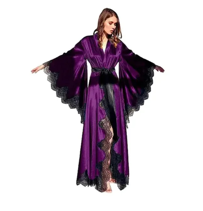 Robe Kimono Longue Satin Soie & Dentelle