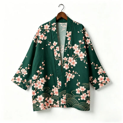 Kimono japonais unisexe en coton, style vintage, imprimé floral Sakura et grue, pour l'été, la plage, ou comme veste décontractée ample bohème