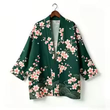 Kimono japonais unisexe en coton, style vintage, imprimé floral Sakura et grue, pour l'été, la plage, ou comme veste décontractée ample bohème