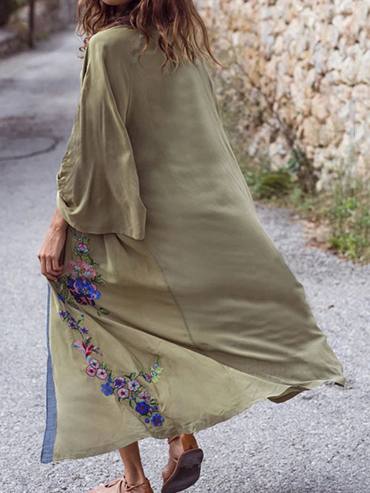 Kimono Bohème Chic Brodé Vert Armée