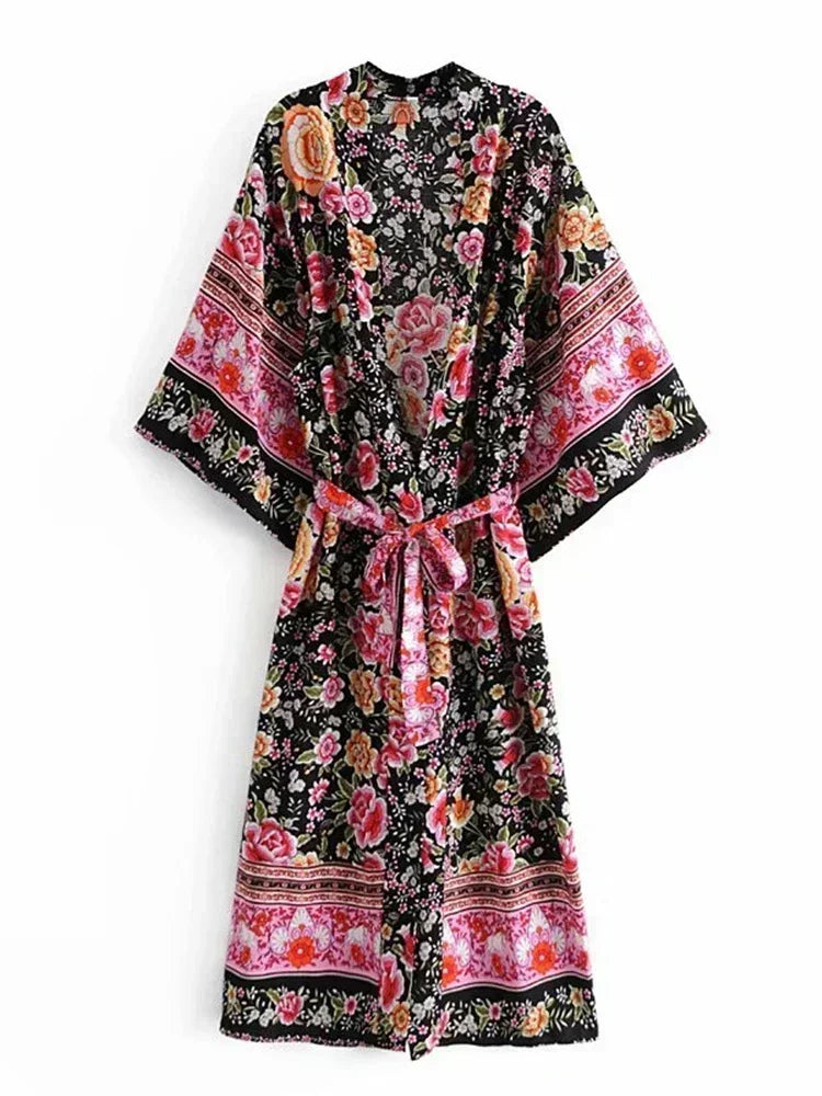 Kimono Bohème Chic Imprimé Floral Noir