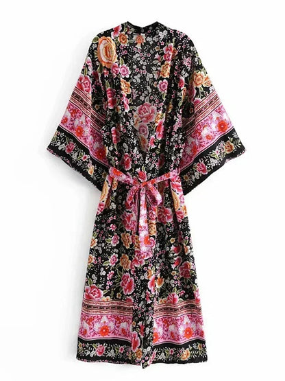 Kimono Bohème Chic Imprimé Floral Noir