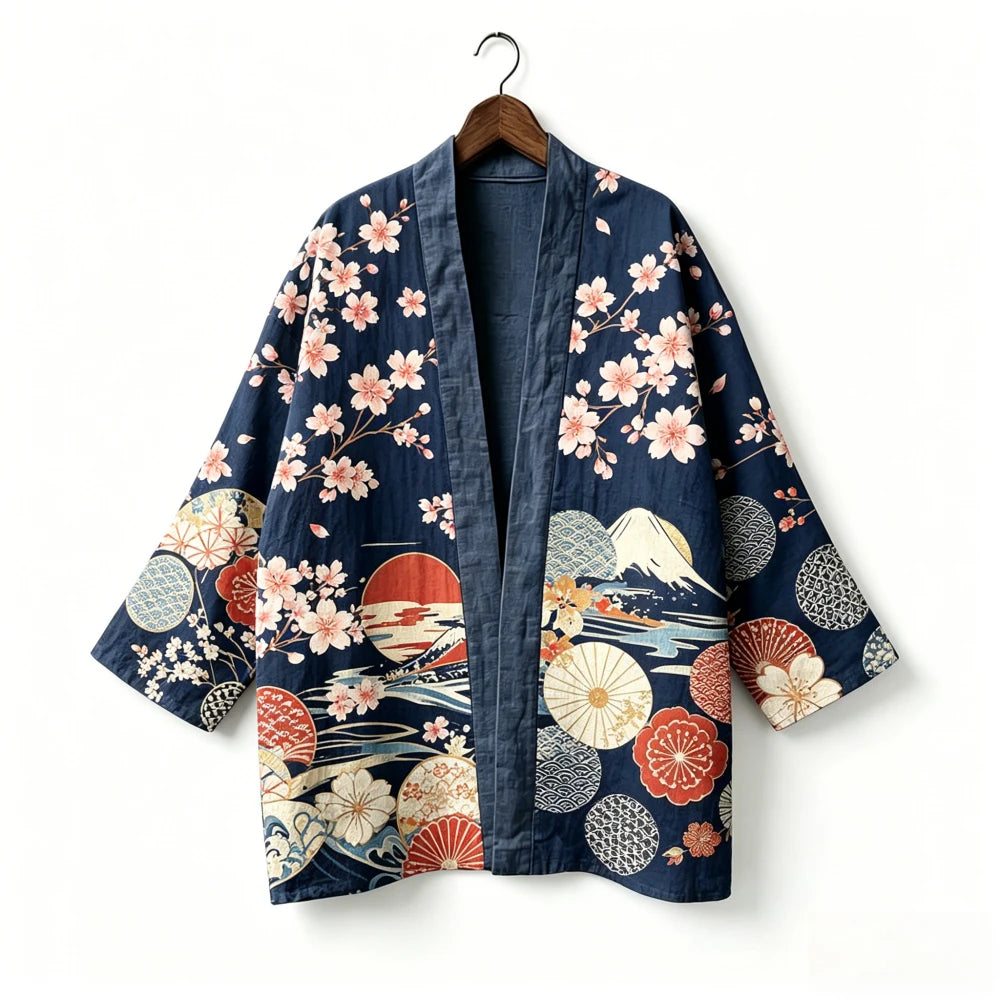 Kimono japonais unisexe en coton, style vintage, imprimé floral Sakura et grue, pour l'été, la plage, ou comme veste décontractée ample bohème