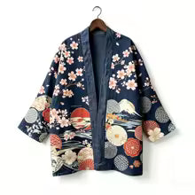 Kimono japonais unisexe en coton, style vintage, imprimé floral Sakura et grue, pour l'été, la plage, ou comme veste décontractée ample bohème