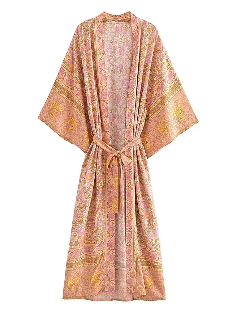 Happie Queens Kimono de plage bohème pour femme, imprimé floral rose, manches chauve-souris, en rayonne, robe longue bohème, cache-maillot de bain pour les vacances