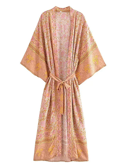 Happie Queens Kimono de plage bohème pour femme, imprimé floral rose, manches chauve-souris, en rayonne, robe longue bohème, cache-maillot de bain pour les vacances
