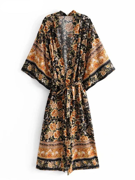 Kimono Bohème Chic Imprimé Floral Noir