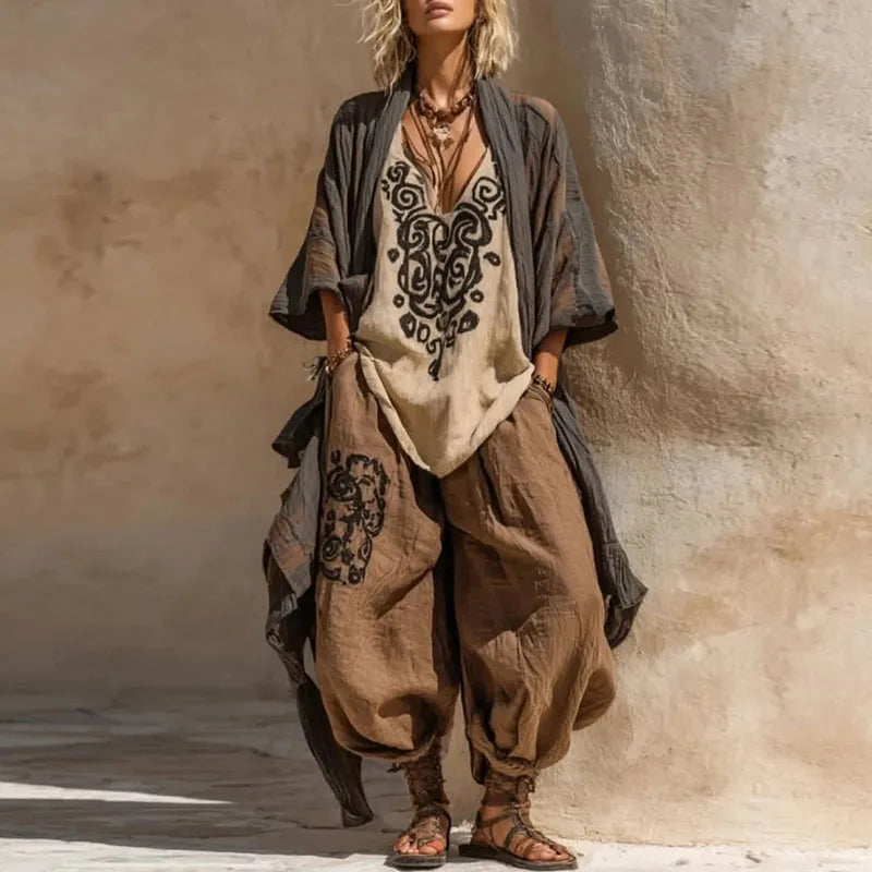 Ensemble Kimono Bohème 3 Pièces Imprimé Géométrique