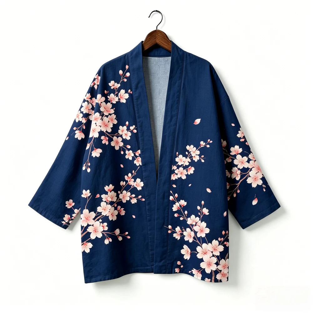 Kimono japonais unisexe en coton, style vintage, imprimé floral Sakura et grue, pour l'été, la plage, ou comme veste décontractée ample bohème