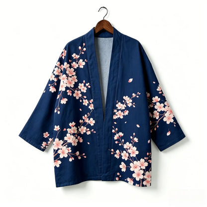 Kimono japonais unisexe en coton, style vintage, imprimé floral Sakura et grue, pour l'été, la plage, ou comme veste décontractée ample bohème