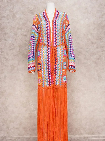 Boho-Long kimono crocheté à franges fait à la main, sexy, amissié, auto ceinturé, robe ronde, vêtements de plage, maillot de bain, A1215