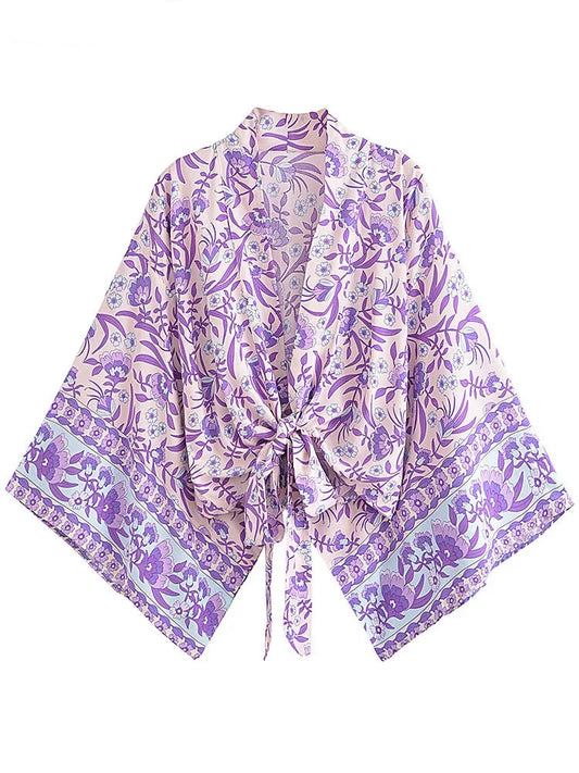 Kimono Bohème Violet Manches Chauve-Souris