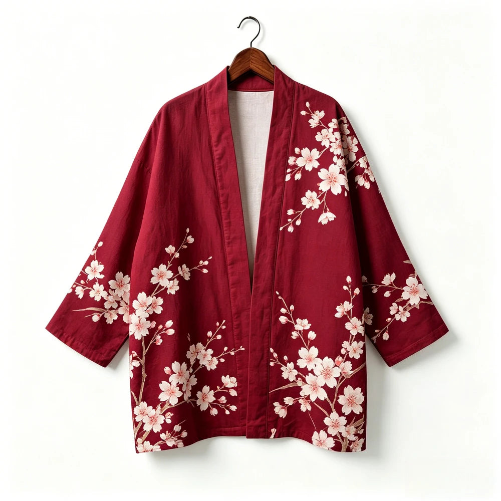 Kimono japonais unisexe en coton, style vintage, imprimé floral Sakura et grue, pour l'été, la plage, ou comme veste décontractée ample bohème