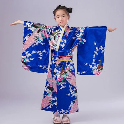 Robe de bain kimono japonaise pour enfants asiatiques, style japonais, robe Yukata paon, Obi, Haori vintage, costume de cosplay Halloween