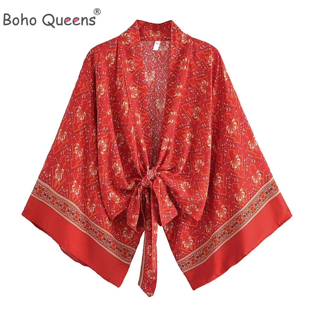 Kimono Bohème Fleuri Rouge Court