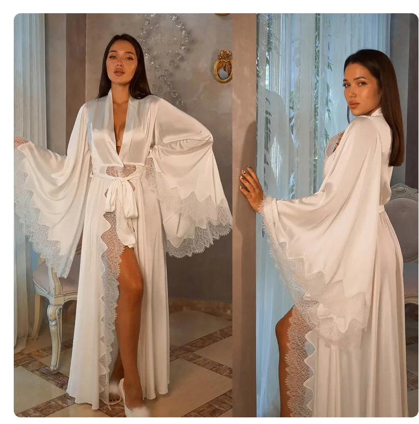 Robe Kimono Longue Satin Soie & Dentelle