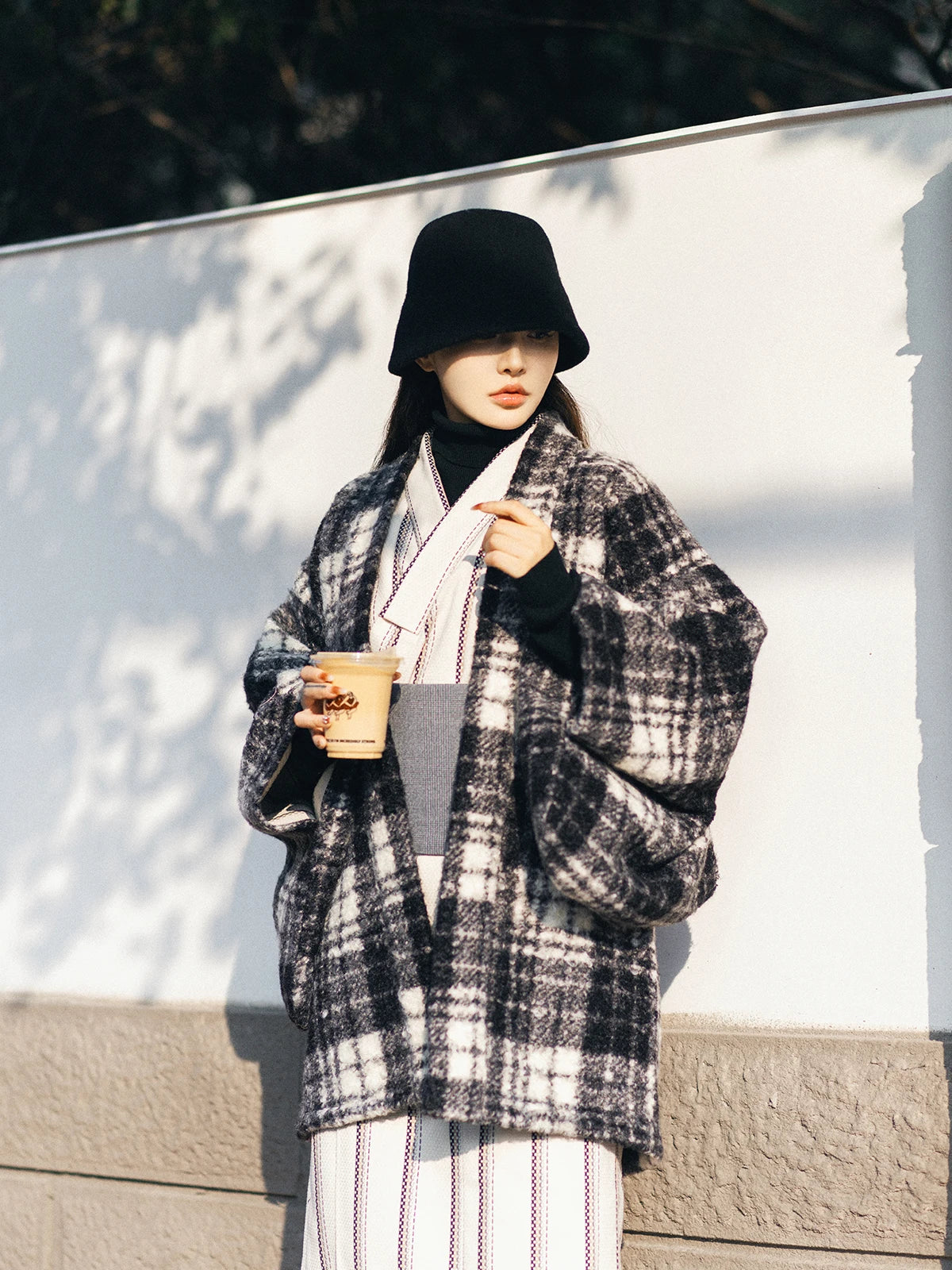 Kimono Haori Hiver Carreaux Fausse Fourrure