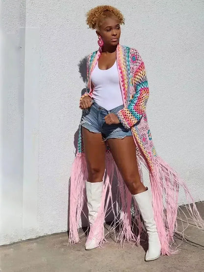 Kimono Long Bohème Crocheté Franges Fait Main