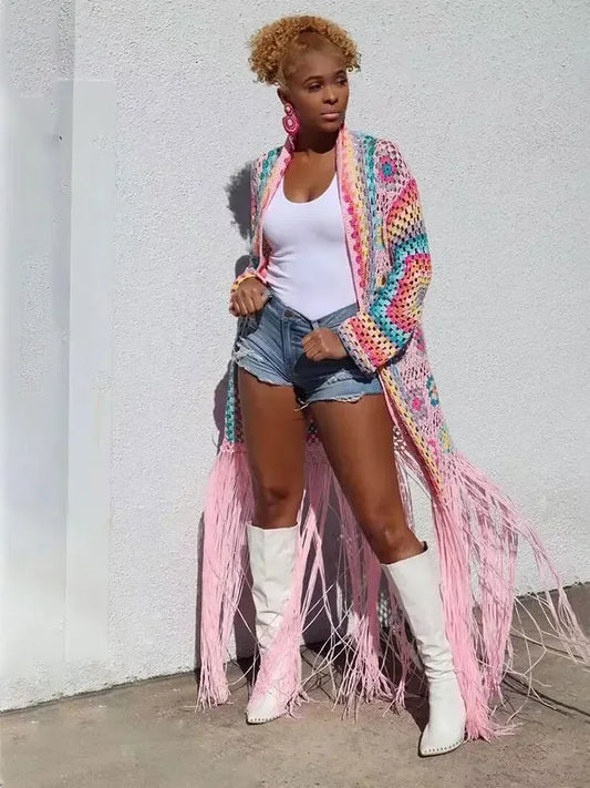 Boho-Long kimono crocheté à franges fait à la main, sexy, amissié, auto ceinturé, robe ronde, vêtements de plage, maillot de bain, A1215