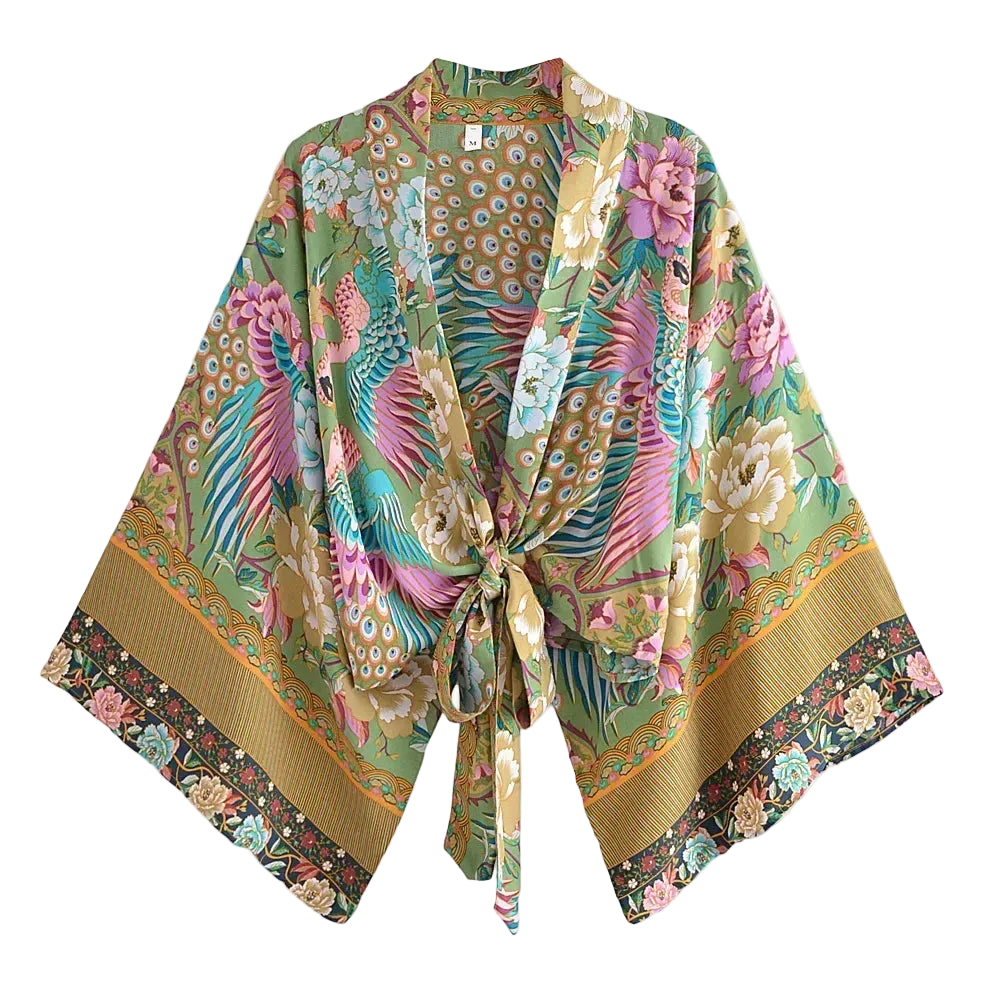 Boho Dinner ens Peacock Short Robe Kimono Swimsuits for Women, Floral BatOOSleeves, Rayon, Bohemian Bikini Cover Ups, Beachwear, Fashion