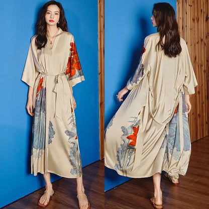 Robe Longue Kimono Imprimé Floral Bohème Chic