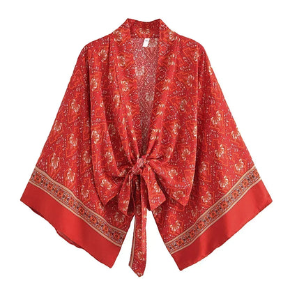 Boho Dinner ens Red Floral Beach Kimono, Short Robe, Swimsuits, Women Fashion, BatOOSleeves, Rayon, Bohemian Bikini Cover Ups, Beachwear