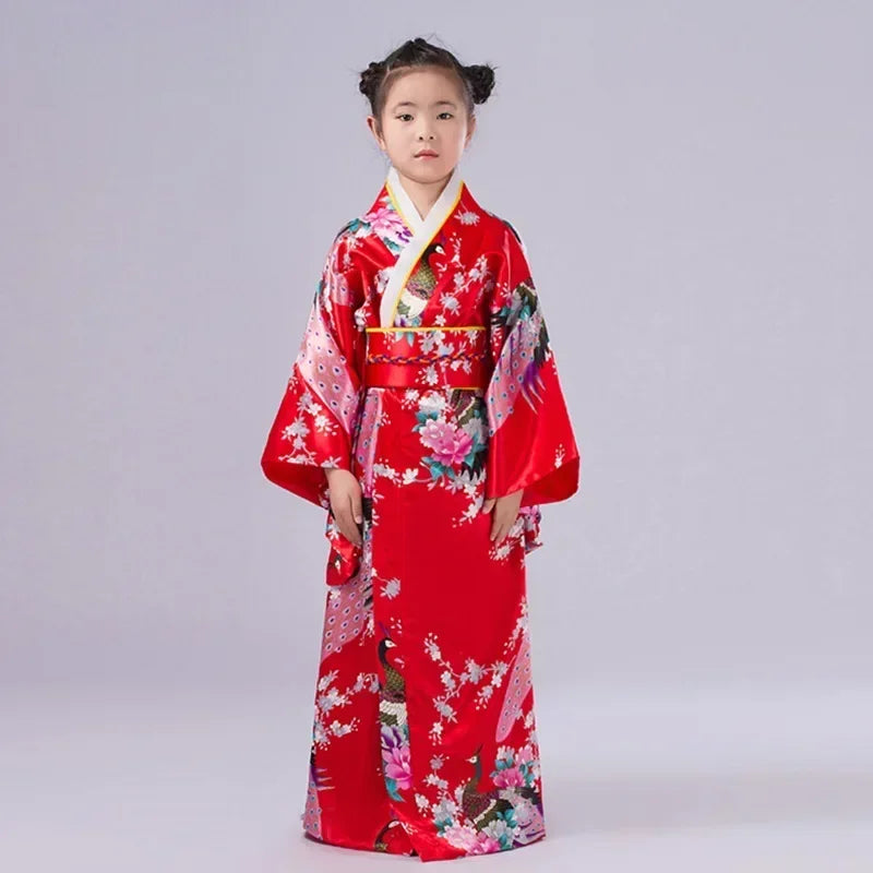 Robe de bain kimono japonaise pour enfants asiatiques, style japonais, robe Yukata paon, Obi, Haori vintage, costume de cosplay Halloween