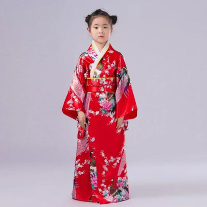 Robe de bain kimono japonaise pour enfants asiatiques, style japonais, robe Yukata paon, Obi, Haori vintage, costume de cosplay Halloween