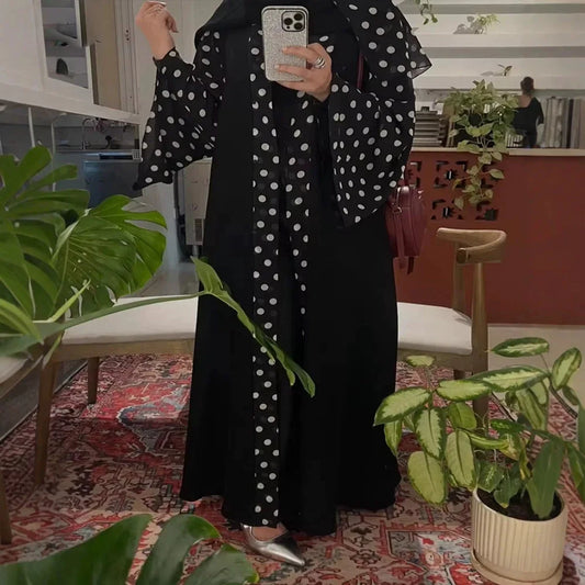 Robe Abaya Cardigan Pois Élégante Moderne
