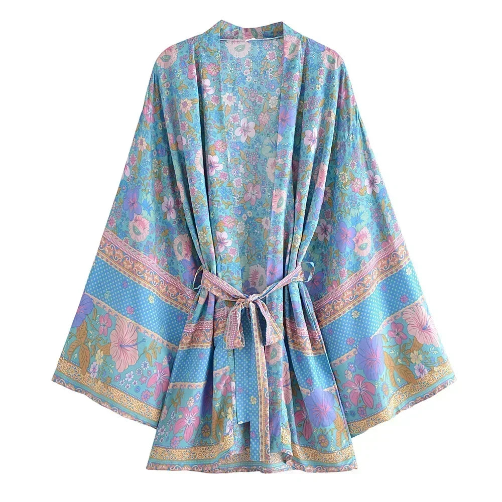 Kimono Boho imprimé floral pour femmes, col en V, manches chauve-souris, robe courte, ceintures, plage de vacances, couvertures de bikini