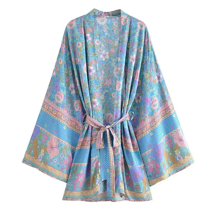 Kimono Boho imprimé floral pour femmes, col en V, manches chauve-souris, robe courte, ceintures, plage de vacances, couvertures de bikini