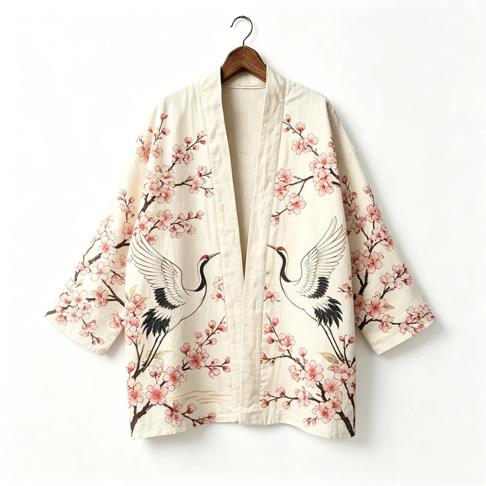 Kimono japonais unisexe en coton, style vintage, imprimé floral Sakura et grue, pour l'été, la plage, ou comme veste décontractée ample bohème